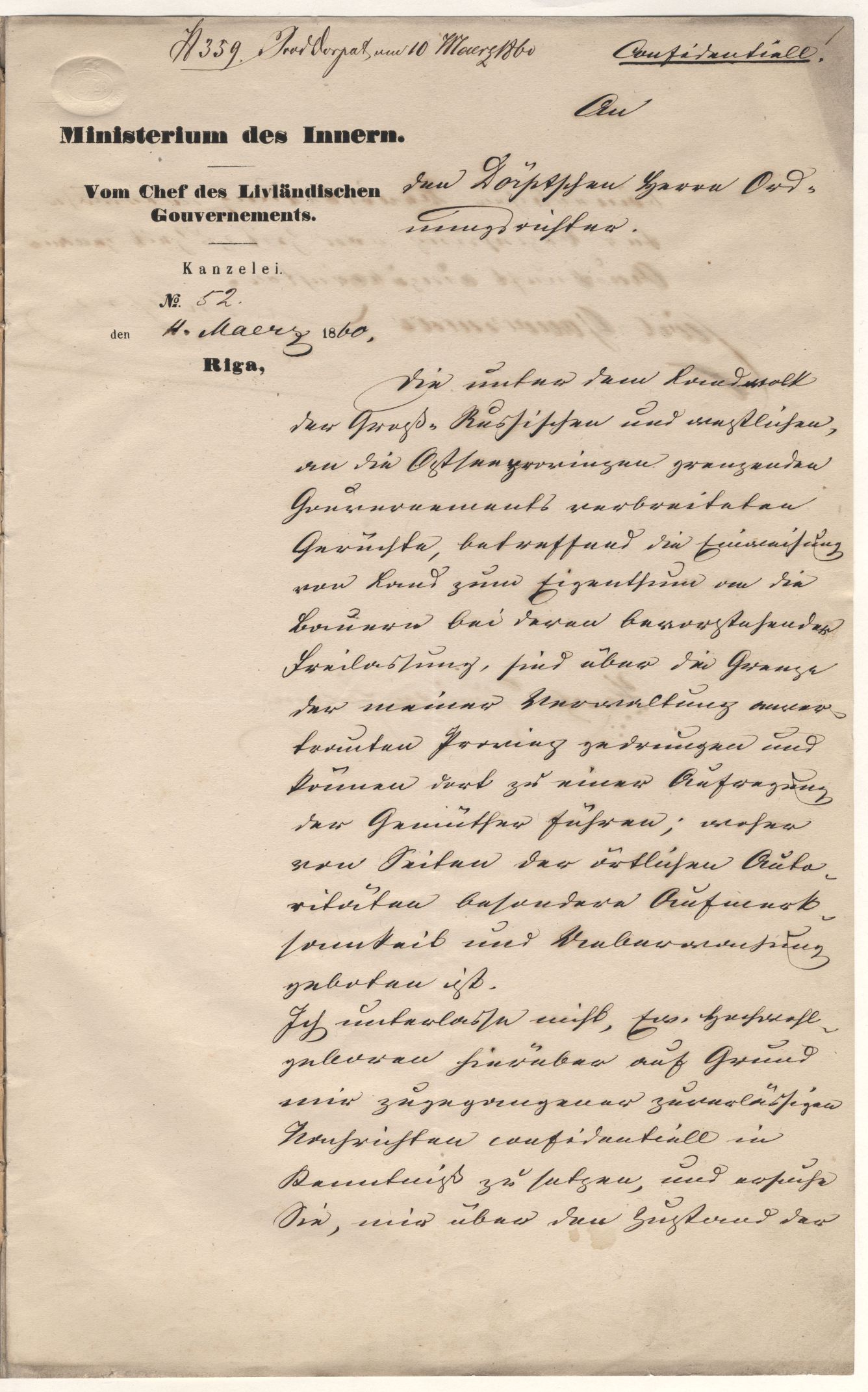 Paleograafia kursuse õppematerjal. Liivimaa kubernerilt Tartu sillakohtunikule. 4. märts 1860.