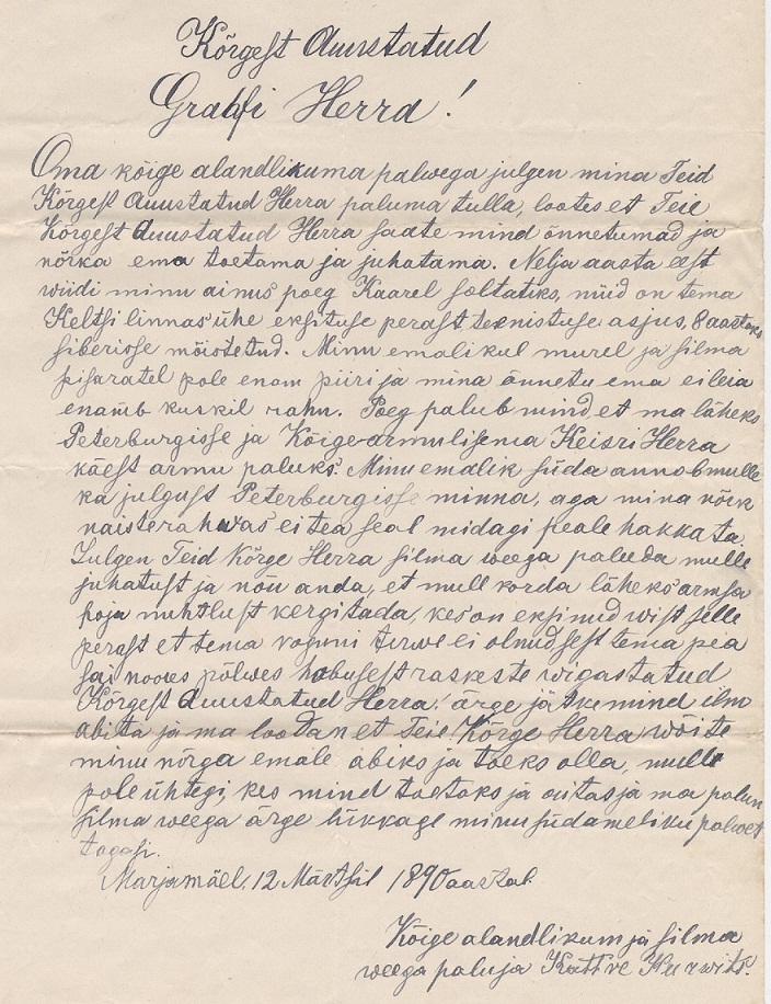 Palve Sangaste mõisaomanikule krahv Friedrich von Bergile 12. märtsist 1890.