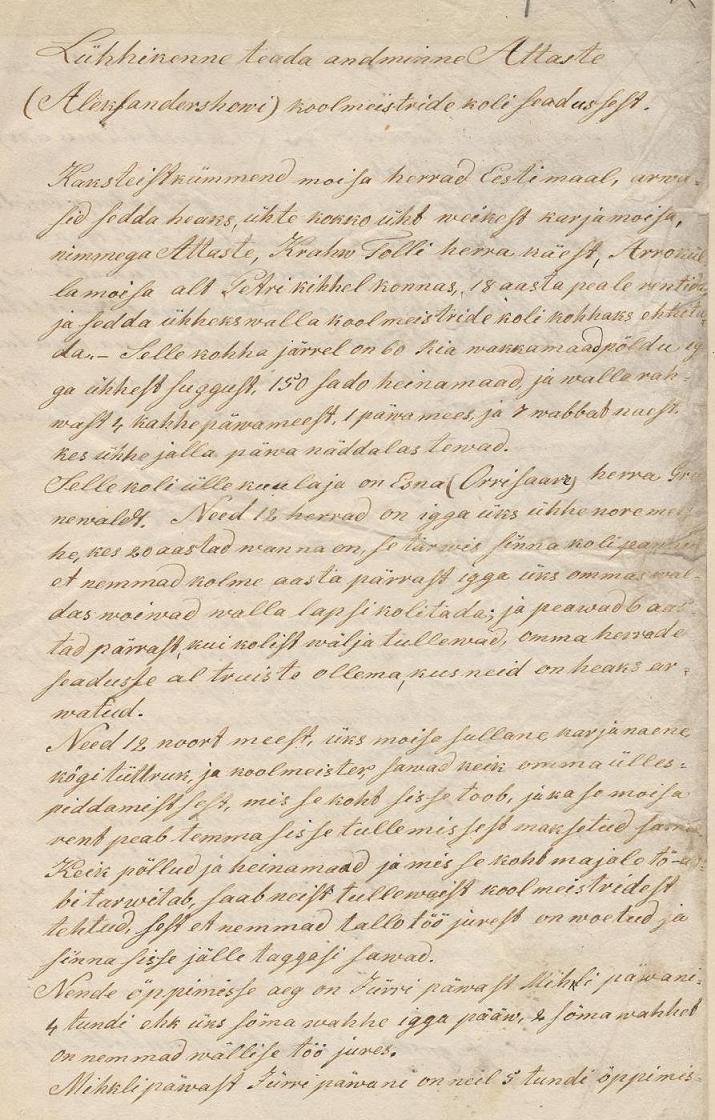 Ataste vallakooliõpetajate seminari teadaanne 1837